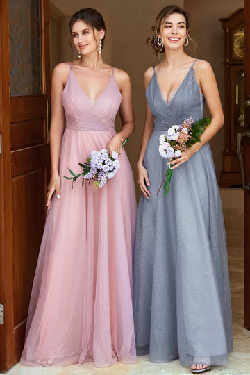 Um fio de espaguete tiras cinza azul longo vestido dama de honra